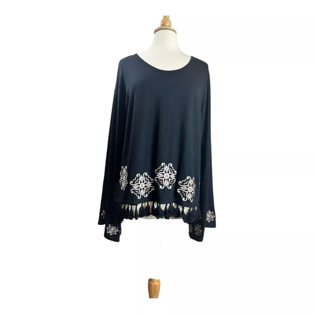 Pyramid Collection Tunic Top Women 1X Embroidered Tassel Bell Kimono Sleeve NEW